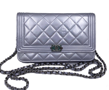 CHANEL Silver Patent Leather Boy Wallet on Chain WOC Crossbody Bag