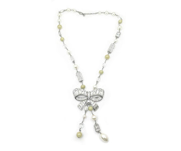 CHANEL Silver Ribbon Bow CC Crystal Neon Bead Pearl Necklace
