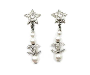 CHANEL Silver Star Crystal Pearl CC Crystal Dangle Piercing Earrings