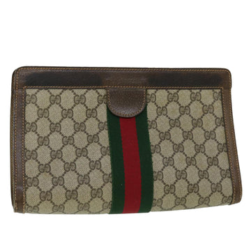GUCCI GG Canvas Web Sherry Line Clutch Bag PVC Leather Beige Red Auth th4012