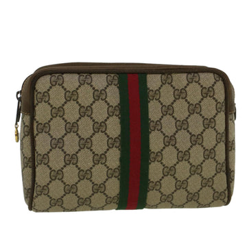 GUCCI GG Canvas Web Sherry Line Clutch Bag PVC Leather Beige Green Auth th4309