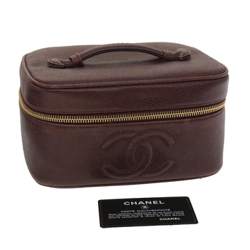 CHANEL Vanity Cosmetic Pouch Caviar Skin Wine Red CC Auth 36386