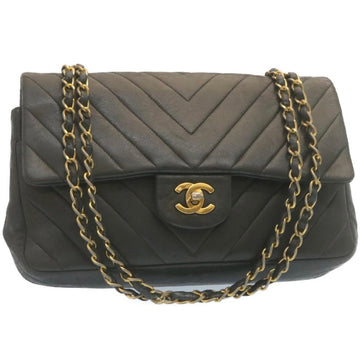 Large classic handbag, Grained calfskin & gold-tone metal, black