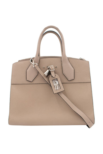 LOUIS VUITTON Galet grey grained leather ' City Steamer MM' handbag with detachable shoulder