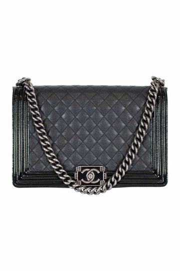 CHANEL Black grained calfskin quilted 'Boy' bag with ruthenium-finish hardware and patent border in 'New Medium' size