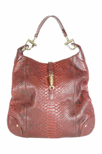 GUCCI Burgundy snakeskin large tote bag with gold tone stud details and signature piston lock