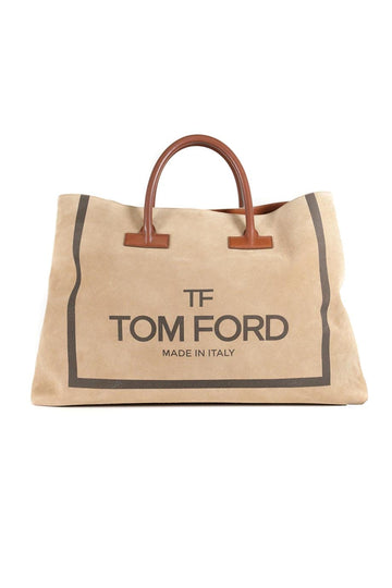 TOM FORD Large Beige Suede Tote Bag with brown leather handles