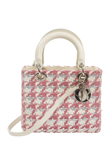 CHRISTIAN DIOR Pink Woven Leather with Tweed Lady Dior Handbag