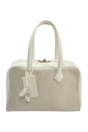 HERMeS White Togo Leather and Beige Canvas Victoria 35 Shoulder Bag