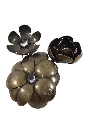 LOUIS VUITTON Black Crystal on Gold-tone Metal Flower Brooch
