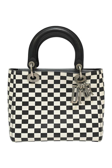 CHRISTIAN DIOR Black two-tone leather check Lady Dior top handle bag with detachable shoulder strap