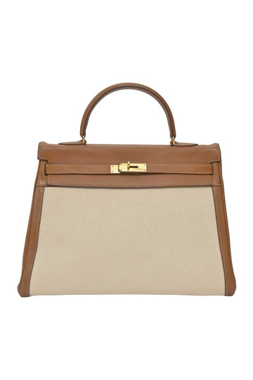 HERMeS Brown and ecru Courchevel leather and canvas Kelly 35 bag with gold-tone metallic hardware