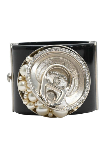 CHANEL Black crystal and faux pearl embellished resin soup can cuff bracelet