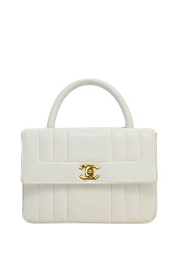 CHANEL White caviar leather top handle flap bag with 24-karat gold plated hardware