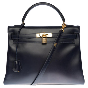 HERMES Kelly 32 retourne handbag with strap in Navy blue calf leather, GHW