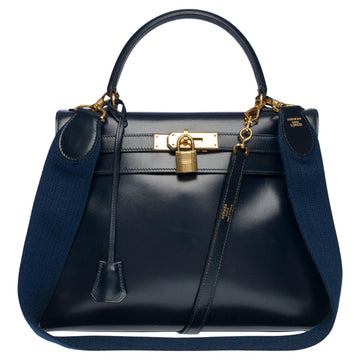 HERMES Rare Kelly 28 retourne handbag double strap in Navy blue box calfskin, GHW