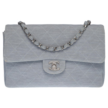CHANEL Timeless shoulder flap bag in blue quilted jersey with silver hardware