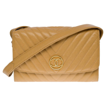 CHANEL Classic Flap shoulder bag in gold herringbone caviar leather, GHW