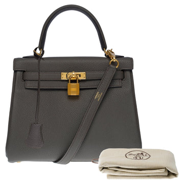 HERMES Amazing & Rare Kelly 25 handbag strap in Grey Togo etain leather, GHW