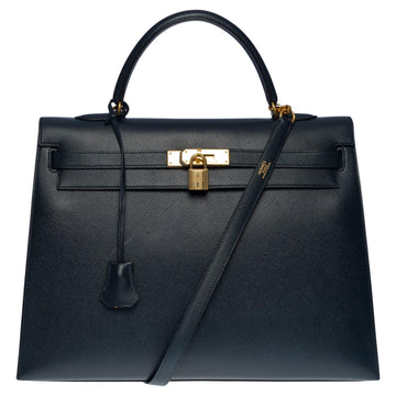 HERMES Kelly 35 sellier handbag strap in Courchevel bleu nuit leather, GHW