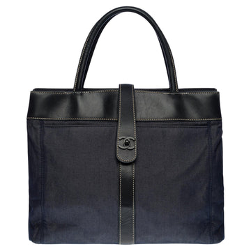 CHANEL Tote Bag in blue denim and black leather, Black HW