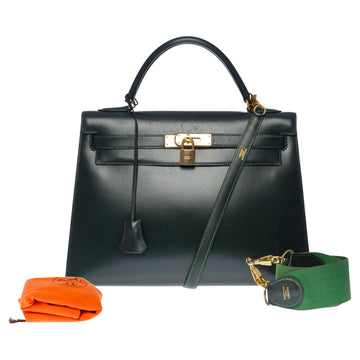 HERMES Rare Kelly 32 sellier handbag double straps in green box calf leather, GHW