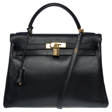 HERMES Kelly 32 retourne strap in black Vache Ardennes calf leather, GHW