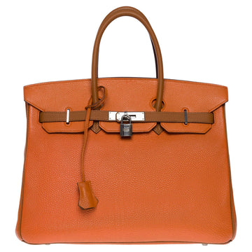 HERMES Stunning & Rare bicolor Birkin 35 handbag in Orange & Camel leather, SHW