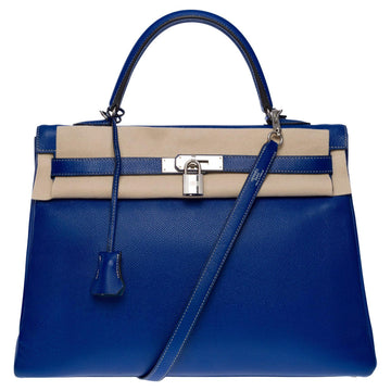 HERMES Candy Edition Kelly 35 retourne handbag strap in Blue Epsom leather, SHW