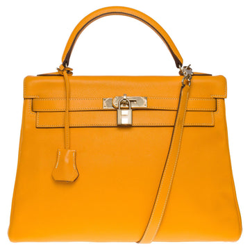 HERMES Kelly 32 retourne handbag strap in Yellow Courchevel Epsom leather, GHW