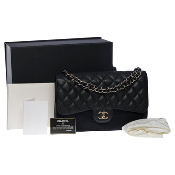 CHANEL Timeless Jumbo double flap bag in black quilted caviar leather, SHW