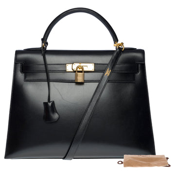 HERMES Gorgeous Kelly 32 sellier handbag strap in black box calf leather, GHW