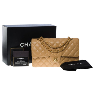 CHANEL Timeless medium double flap shoulder bag in beige quilted lambskin, GHW