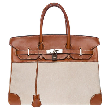HERMES Fantastic Birkin 35 handbag in brown Barenia leather & Beige Canvas, SHW