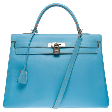 HERMES Candy Edition Kelly 35 retourne handbag strap in Blue Epsom leather, SHW