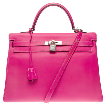 HERMES Candy Edition Kelly 35 retourne handbag strap in Pink Epsom leather, SHW