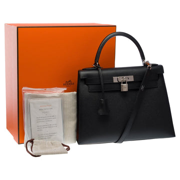 HERMES Amazing Kelly 28 sellier handbag strap in black Epsom leather, SHW