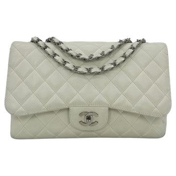 CHANEL White Caviar Quilted Jumbo Single Flap Classic
