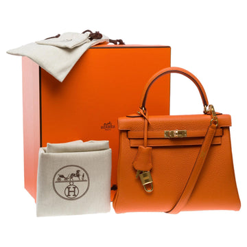 HERMES Amazing New Kelly 25 retourne handbag strap in Orange Togo leather , GHW