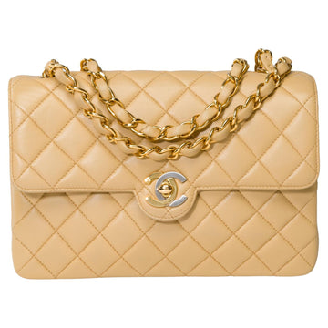 CHANEL Beautiful Timeless Mini shoulder Flap bag in beige quilted lambskin, GHW