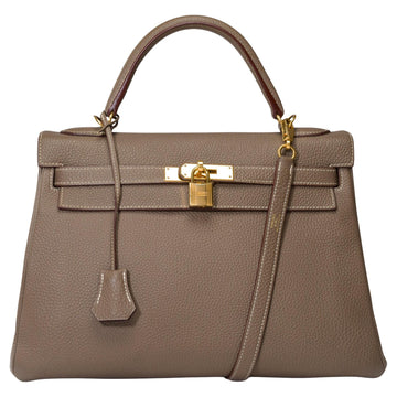 HERMES Superb Kelly 32 retourne handbag strap in Togo etoupe leather , GHW