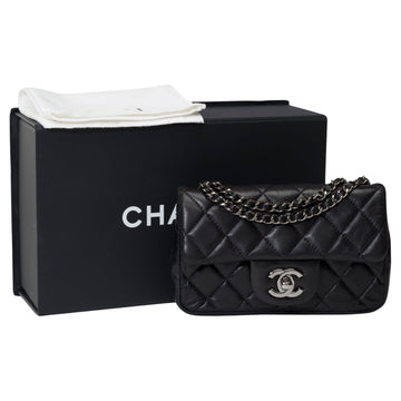 CHANEL Beautiful Timeless Mini shoulder Flap bag in Black quilted lambskin, BSHW