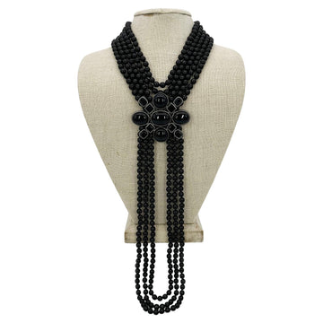 CHANEL Black Beaded Multi Strand Emblem Necklace