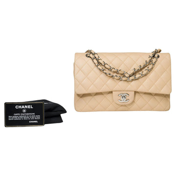 CHANEL Timeless double flap shoulder bag in beige quilted lambskin leather, SHW
