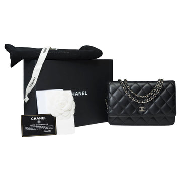 CHANEL Wallet on Chain [WOC] shoulder bag in Black quilted lamb leather, SHW