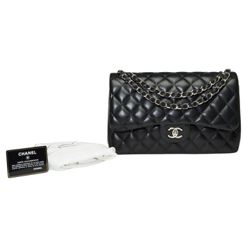CHANEL Timeless Jumbo double flap shoulder bag in black quilted lambskin , SHW