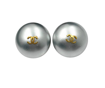 CHANEL Vintage Gold Plated CC Light Blue Pearl Large Clip on Earrings