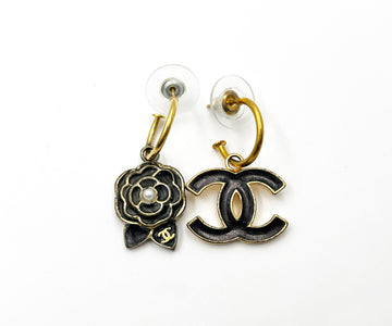 CHANEL Vintage Gold Plated CC Black Camellia Asymmetrical Hoop Earrings