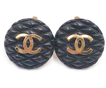 CHANEL Rare Classic Black Quilted Gold CC Small Clip on Earrings