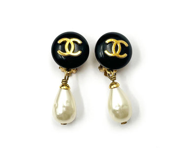 CHANEL Vintage Gold Plated CC Black Round Pearl Dangle Clip on Earrings